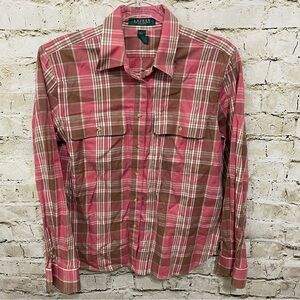 Lauren Ralph Lauren Pink Tan Plaid Cotton Button Up